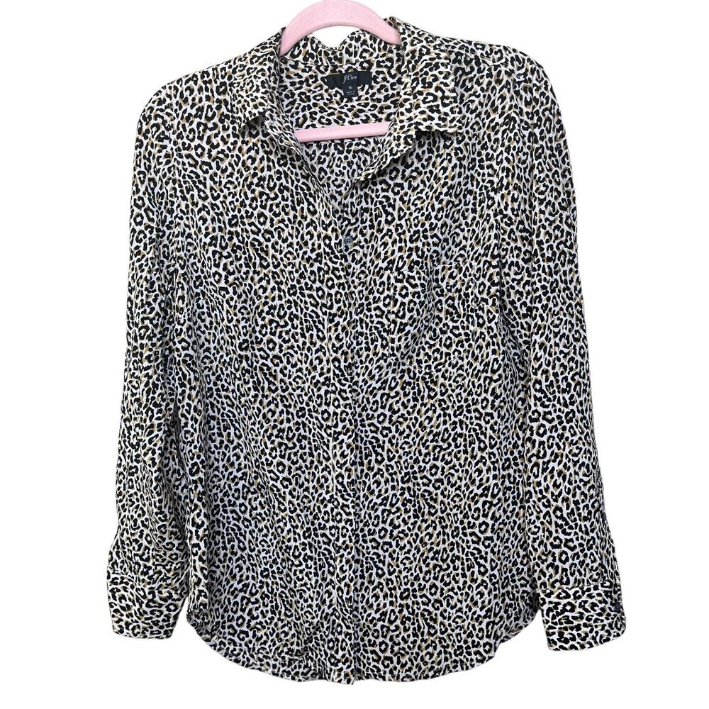 J. Crew leopard animal print long sleeve hidden button shirt Size 8 100% silk